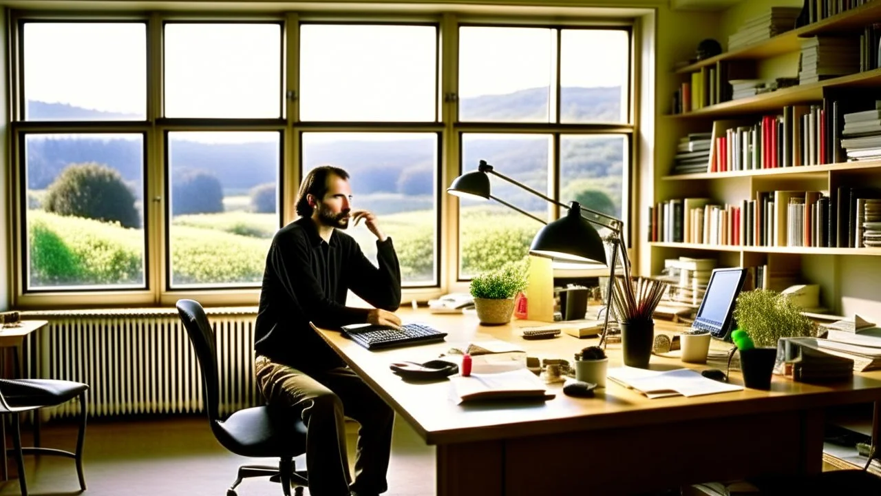 الصورة تعرض ستيف جوبز وهو جالس في مكتبه الخاص، وراءه نافذة تطل على مناظر طبيعية هادئة. يظهر جوبز وهو يرتدي ثوبًا بسيطًا ويتلقى مكالمة هاتفية بينما يعمل على جهاز كمبيوتر محمول. يتسم وجهه بتعابير التفكير العميق والابتسامة الخفيفة، مما يشير إلى تركيزه الشديد وتفكيره الابتكاري. على مكتبه، يمكن رؤية مجموعة من المخططات والنماذج المصغرة لأجهزة تكنولوجية، مما يظهر اهتمامه بالتفاصيل والتصميم المميز. كما يمكن أن نلاحظ تواجد كتب وأدوات كتابة، مما يشير إلى تطلعه المستمر للمعرفة والابتكار. الإضاءة في الصور