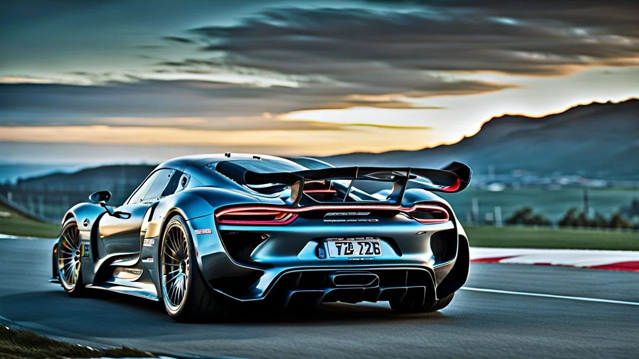 Rear View A stunningly realistic (((Porsche 918 x brabus))), intricate detail and perfection in every surface, glimmering metal and luxurious contours, a (perfect model) for a desktop wallpaper fit for high resolution screens, evoking a sense of futuristic elegance in a (4K cinematic atmosphere).