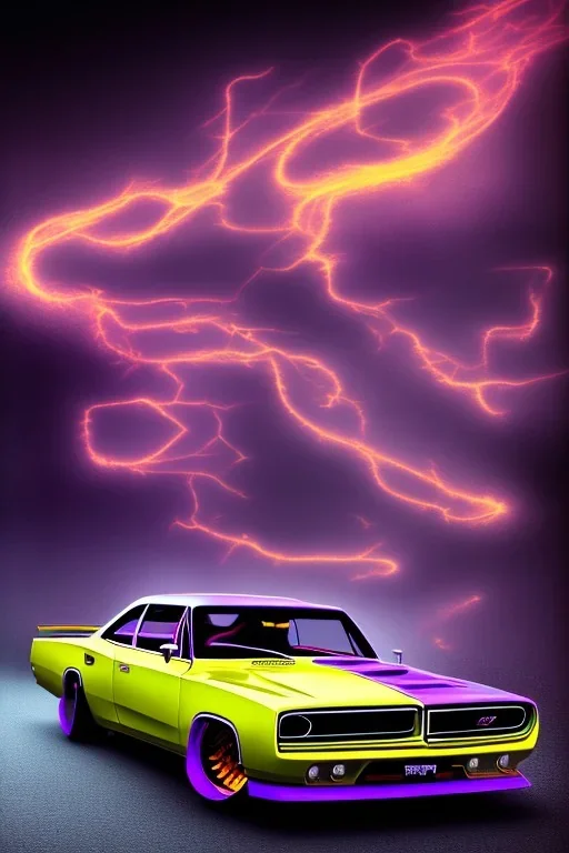 dodge super bee on road at night, hyper realistic, purple flames