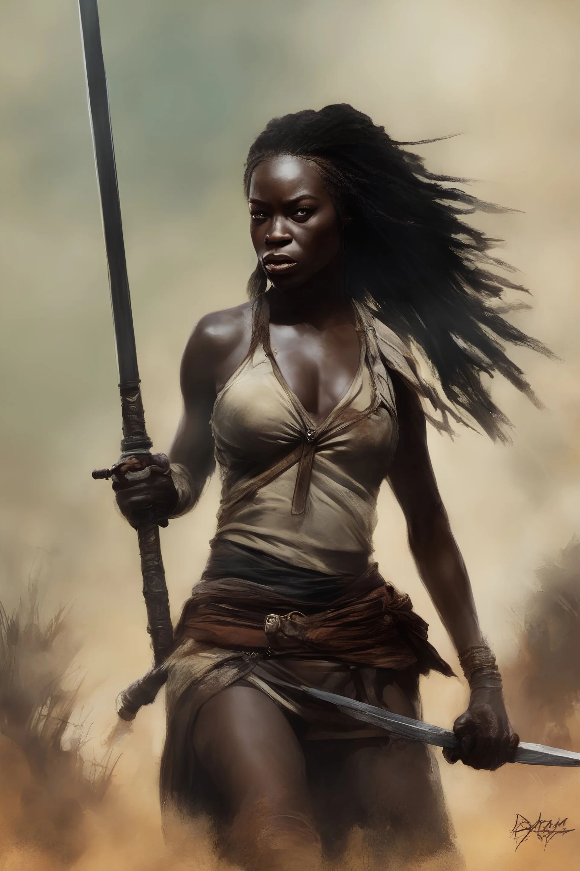 Danai Gurira as "Michonne" movie poster (the walking dead) in the art style of Frank Frazetta