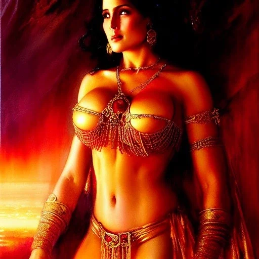 Drawing of beautiful face,'beautiful ,Busty Dejah Thoris',intense stare, ancient skintight armor, balanciaga fashion clothe painting by gaston bussiere, greg rutkowski, yoji shinkawa, yoshitaka amano, tsutomu nihei, donato giancola, tim hildebrandt, Oil on canvas, cinematic composition, extreme detail,fit full head inside picture,16k