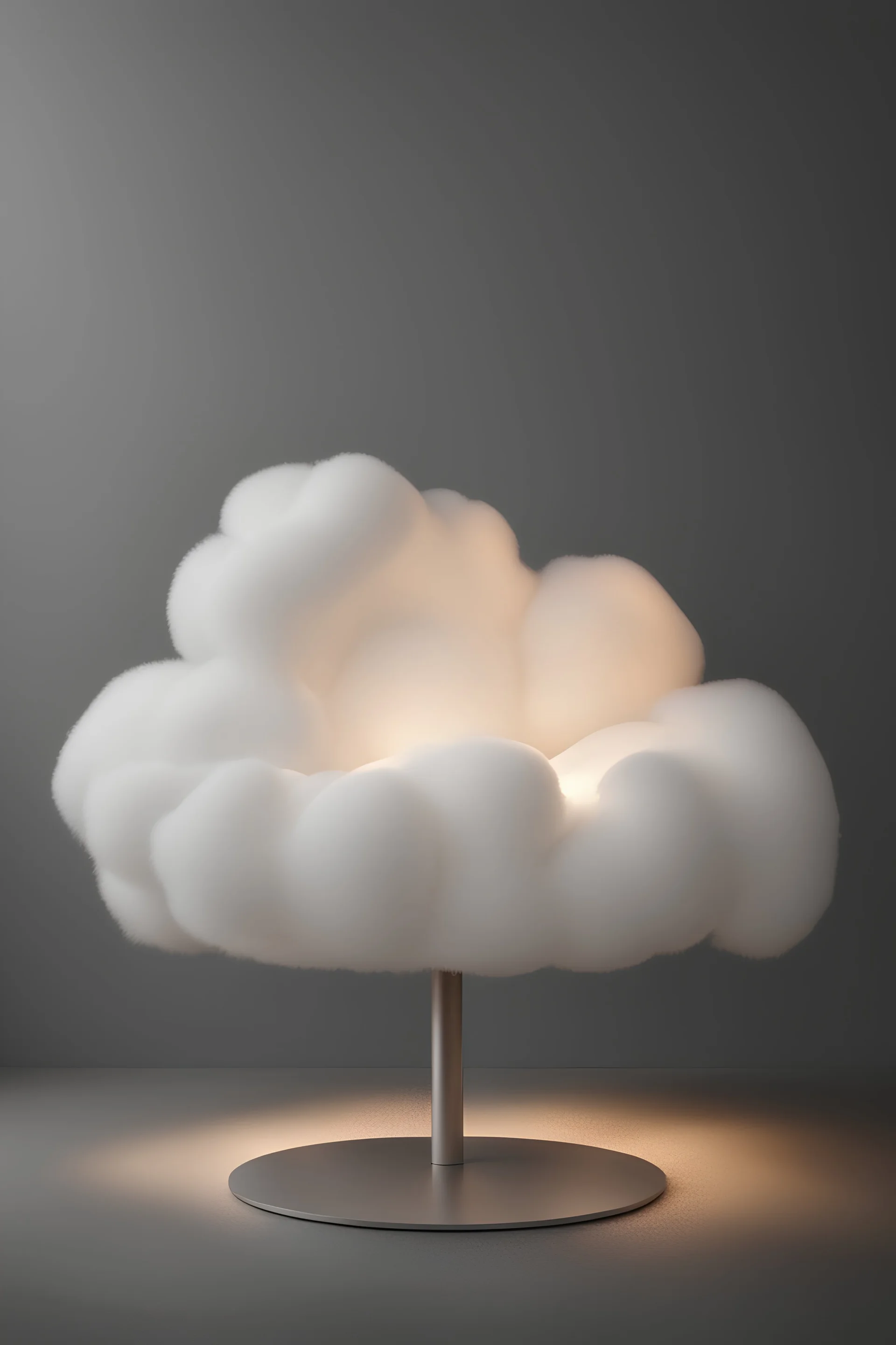 a soft chair that looks like a cloud on a gray background floating in the air with lighting