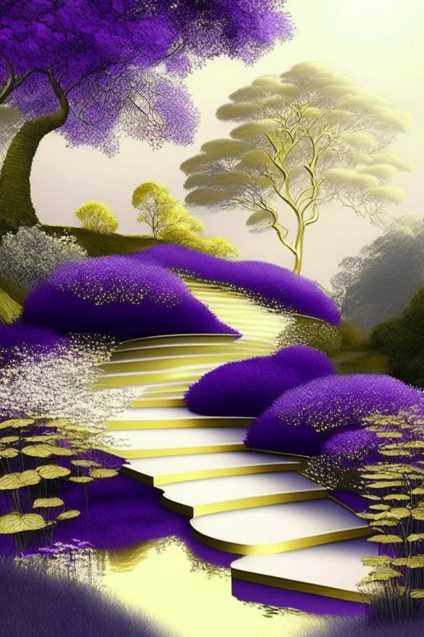 garden sky field trees river pools gold white purple stairs