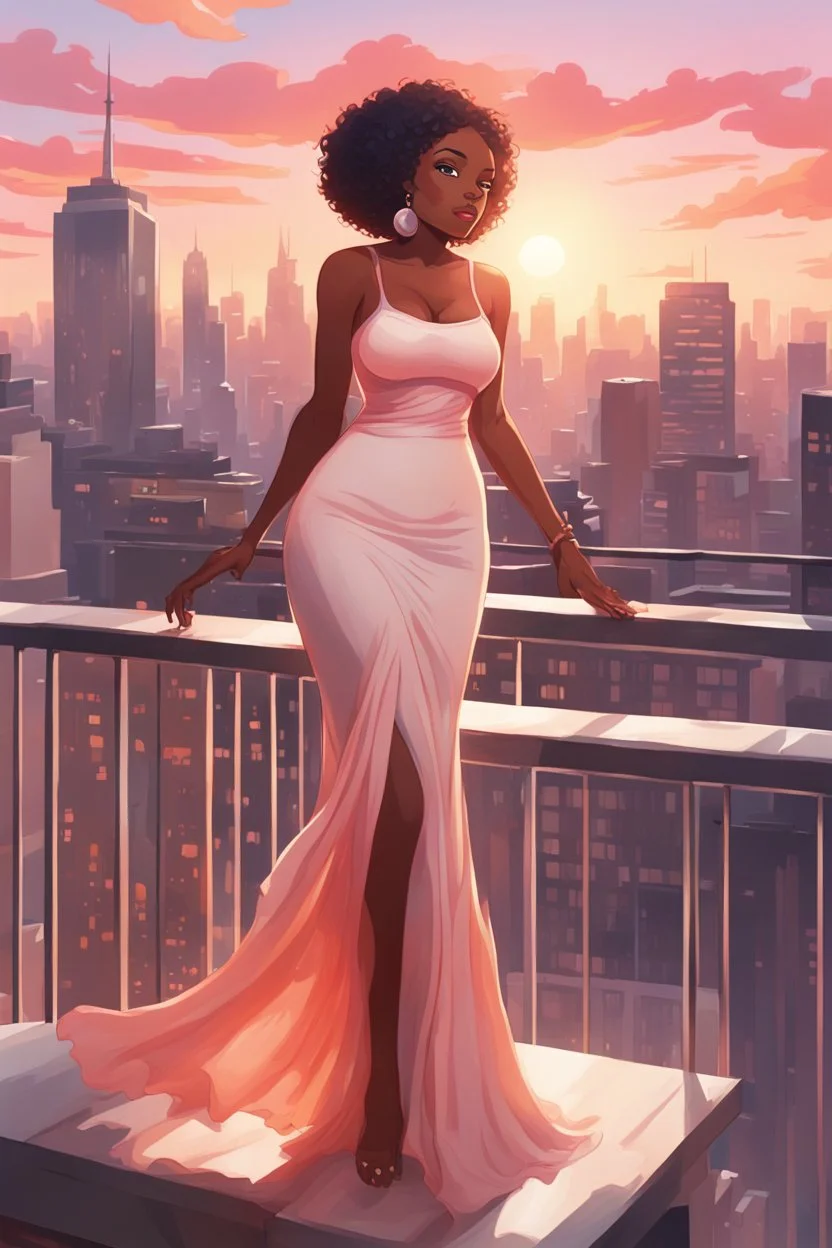 The scene opens onto a serene balcony overlooking a bustling city skyline. The sky above is painted in soft hues of orange and pink as the sun begins its descent, casting a warm glow over everything it touches. In the foreground stands a captivating figure, airbrush chibi cartoon curvy black woman exuding confidence and elegance. She is adorned in a flowing white knit maxi dress that hugs her curves in all the right places, accentuating her silhouette. Her choice of footwear is equally stunning