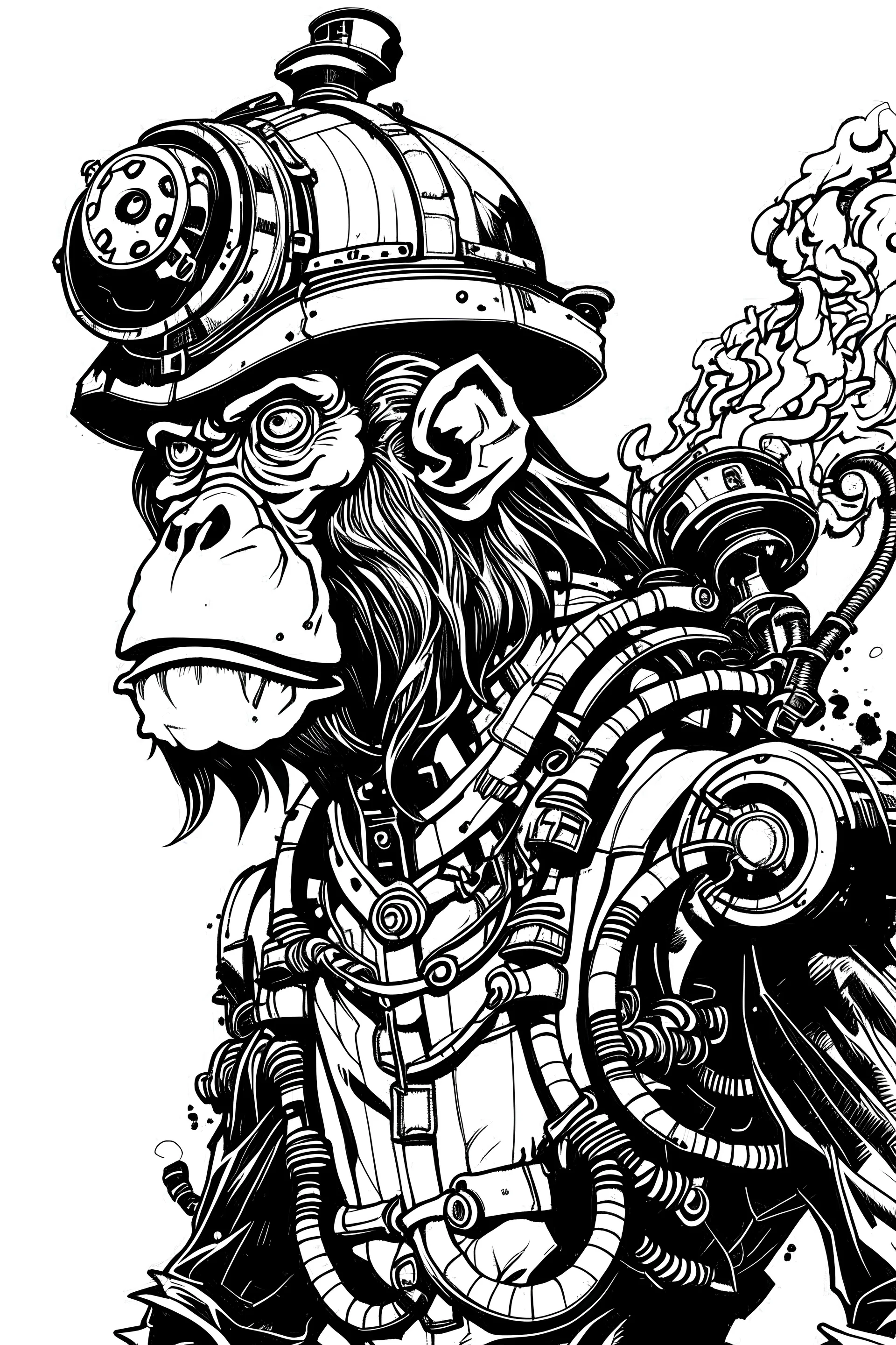 Mechatronic monkey in profile, with visible gears on fire in japanese comic book style, black and white.