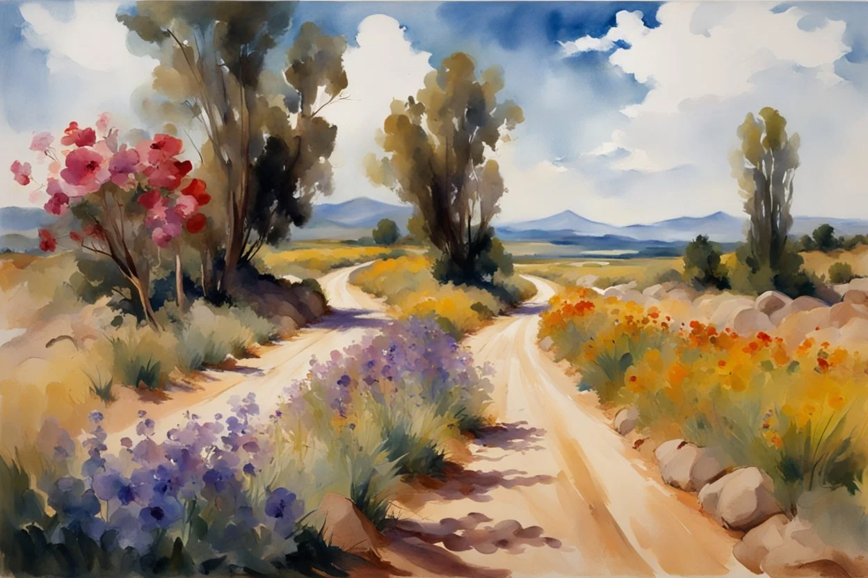 Sunny day, clouds, dirt road, flowers, mountains, big rocks, trees, sci-fi, john singer sargent watercolor paintings