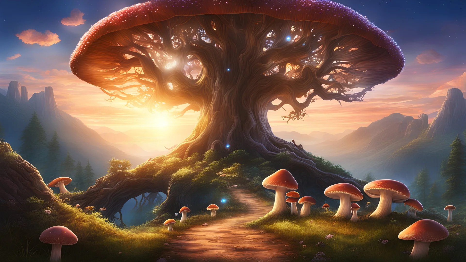 A dreamy landscape with mushrooms and a old, huge tree in the center. Fantasy roads of light going towards the tree. The sun is going down behind the tree. Mountains in the background. Digital Art, Masterpiece. Fantasy. Dream. Dreamy. Surreal.