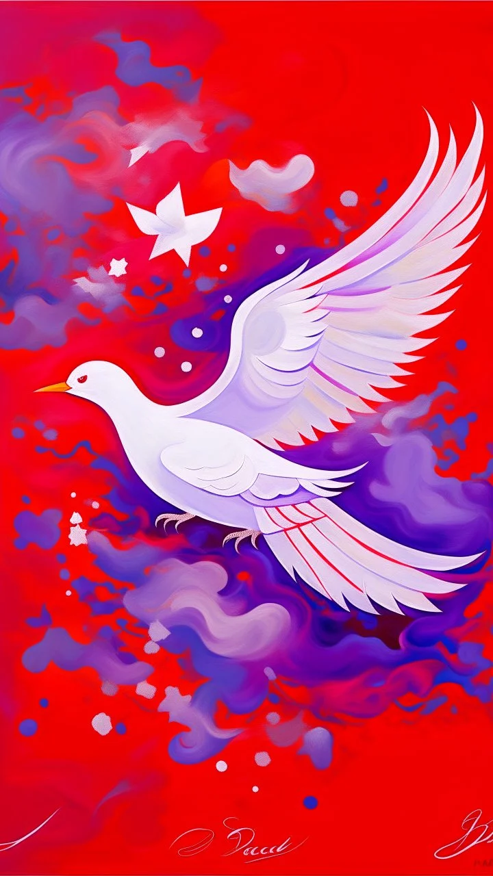 Painterly. Abstract. A white purple in red silk raiments. Anomalous red cloud issuing forth from the heart. Simple yet majestic, American Flag with white dove