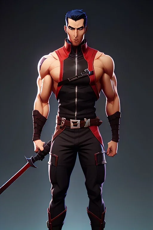 j.scott campbell, muscular ninja assassin, full head to toe portrait, athletic build, wearing black and red baggy pants with pockets, tan skin, big boots, two swords crossed behind back, dark hazel eyes, eyes are both in proportion and green, 3/4 look, 5 o'clock shadow, short brown hair, large arms and hands, standing, dark cobblestone alley, one halo white light behind head, non photorealistic rendering