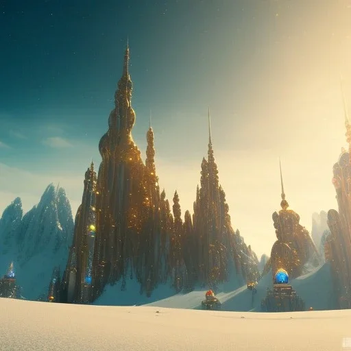 Spaceship landed on snowy mountain, sunny day. clear blue sky. gold. Elegant. Extremely detailed. Award winning photography. Fantasy. 8k. Cinematic lighting. Photorealistic. Dynamic lighting. Imperial colors. Crisp quality. Unreal Engine. Colourful cinematic postprocessing. Pixar. VRay.