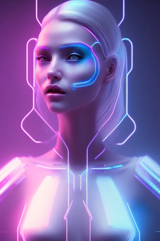 cyberpunk, head, women, portrai, tron sketch of a girl on lined paperA beautiful one nude body of a make up smiling woman blond long hair, alone, high key lighting, volumetric light high details with white stripes and blue eye, smiling with plump pink lips, flowers around, unreal engine petit prince belle fine, profil de trois quart, grand front cosmique, peau bleu cristalline, yeux bleu, perle sur le front long cheveux blond et rose etoilé, cristaux sur le corps, collier de grande princesse, l