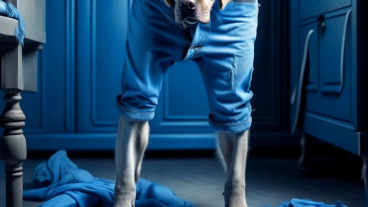 fantasy picture: a dog in blue torn pants