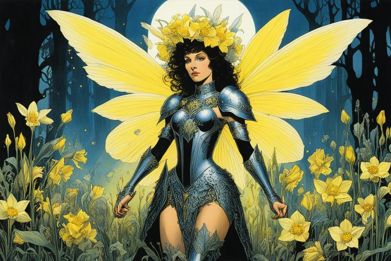 [art by Philippe Druillet] Fairy With Daffodils, her armour is covered with chips and dings