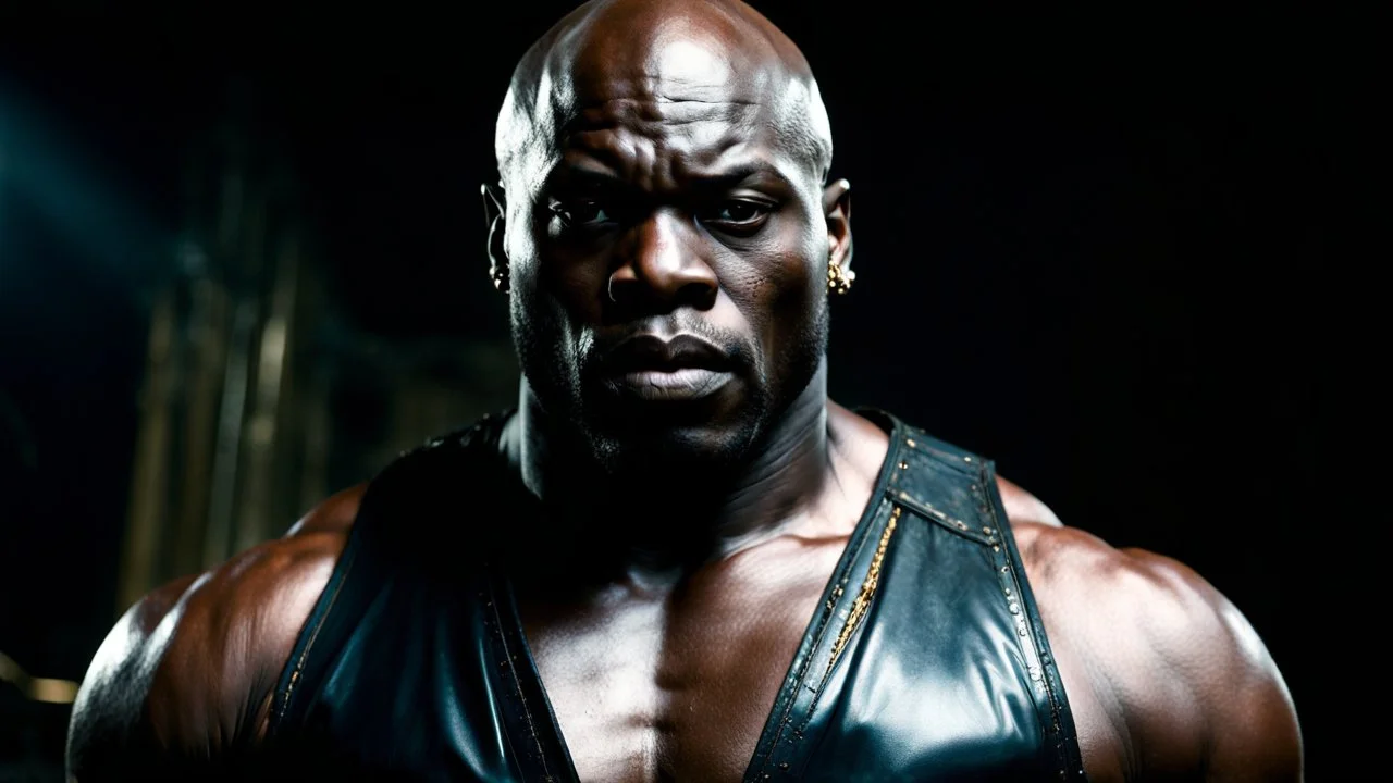 Adewale Akinnuoye-Agbaje x morris cheshunt as a handsome dark skinned and muscular heavy set man with a bald head and neatly trimmed beard. he is wearing a leather waistcoat and no shirt. he has a gold earing in his left ear. he has a angry expression on his face standing in a dungeon dark fantasy