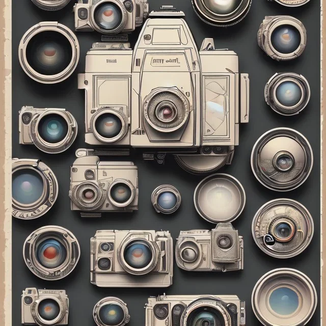 components of the camera laid out flat. poster design. high detailed. oil on canvas.