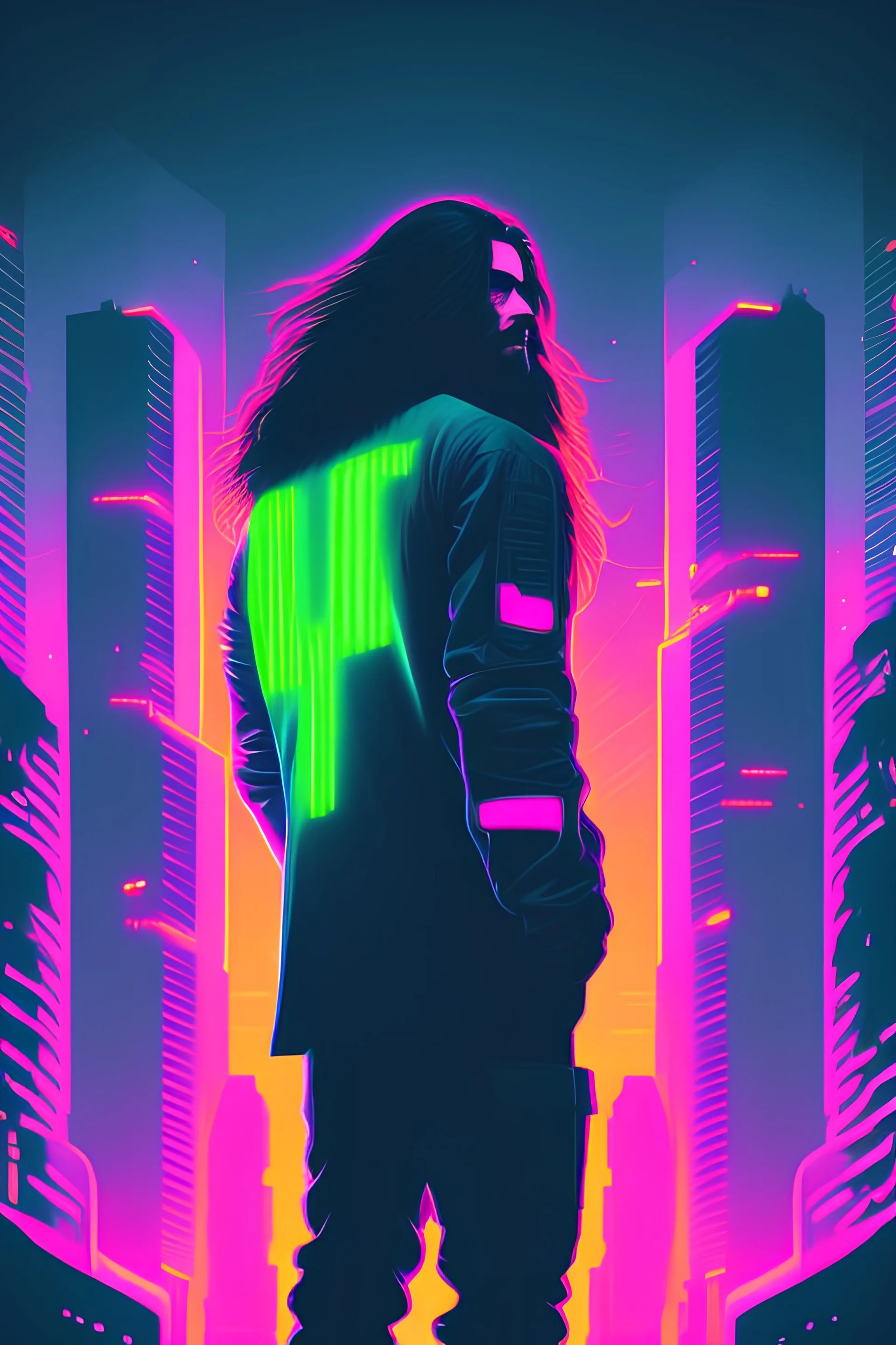 strong long haired mans silhouette on podium in neon cyberpunk cityscape