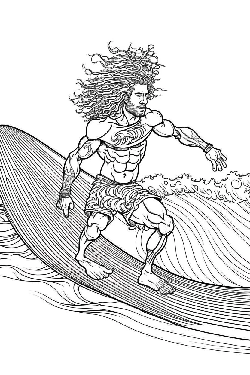 Outline art for coloring page OF A BUFF NATIVE SURFER WITH BIG CURLY KINKY HAIR WEARING SHORTS RIDING A SURFBOARD ON A WAVE; THE SURFER'S FACE IS COVERED BY HIS HAIR, coloring page, white background, Sketch style, only use outline, clean line art, white background, no shadows, no shading, no color, clear