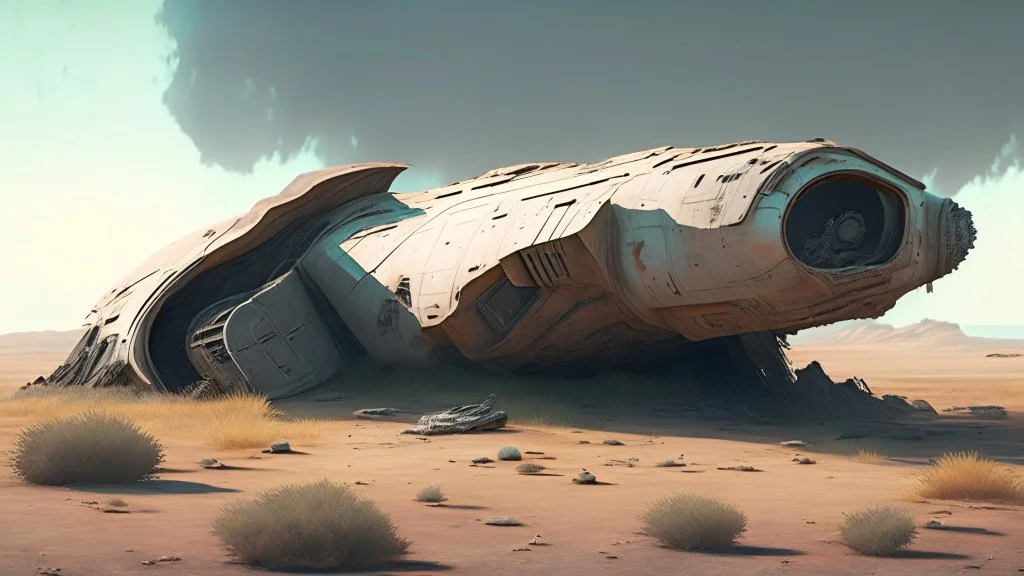 Sleek Cargo Spaceship Sitting In A Ruined Landscape