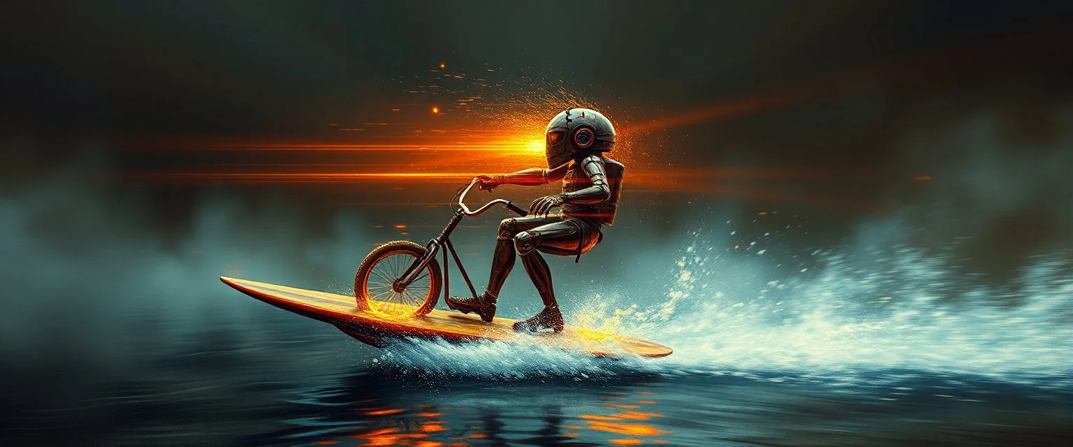 master oil painting by Rembrandt, viggo sandvik as insane eel wild ginger robot on surfboard boat trike , goa trance glitch poster, background motion blur, volume fog with light rays