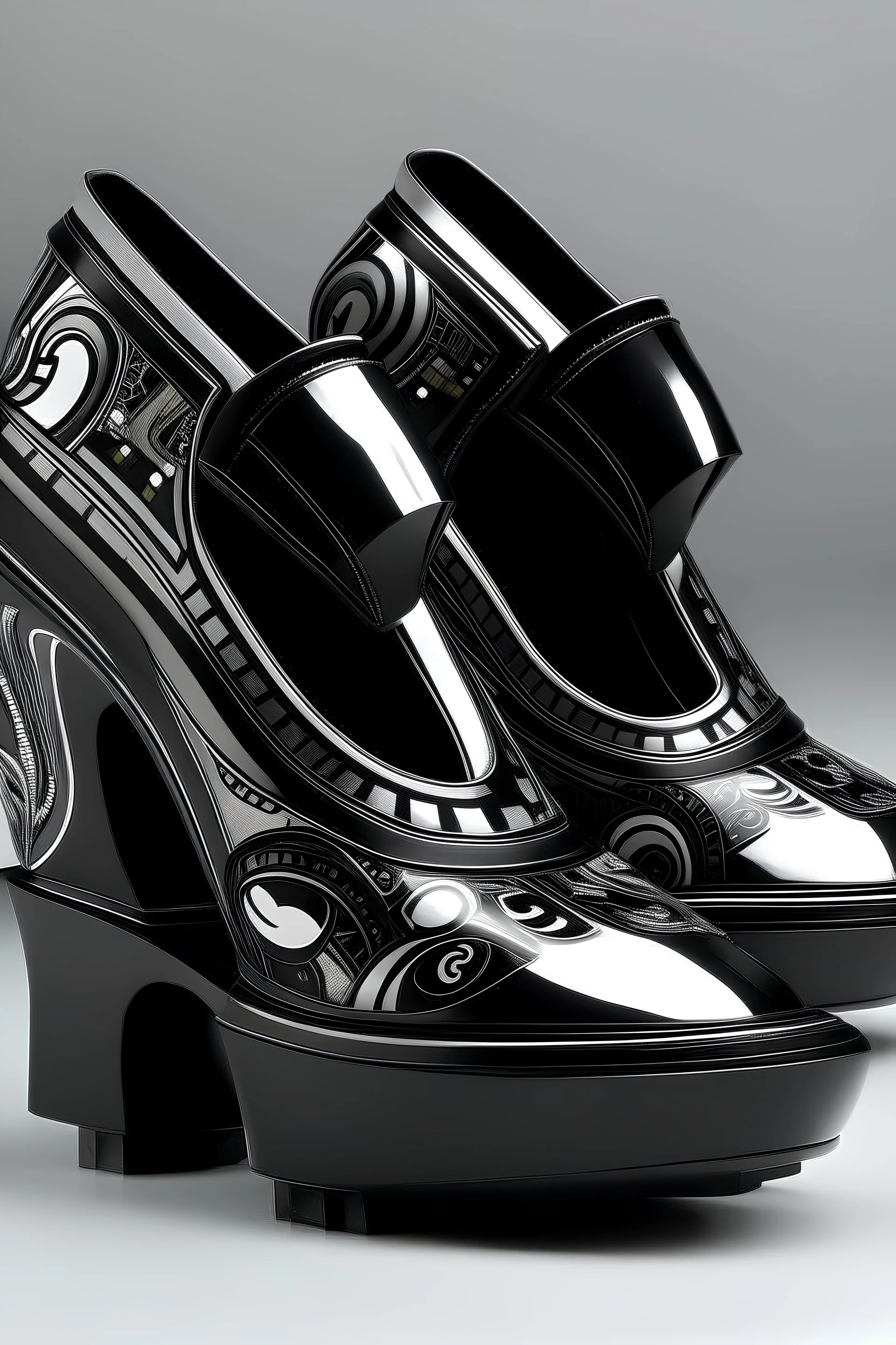 A futuristic black and chrome platform shoe based on hungarian traditional folk art