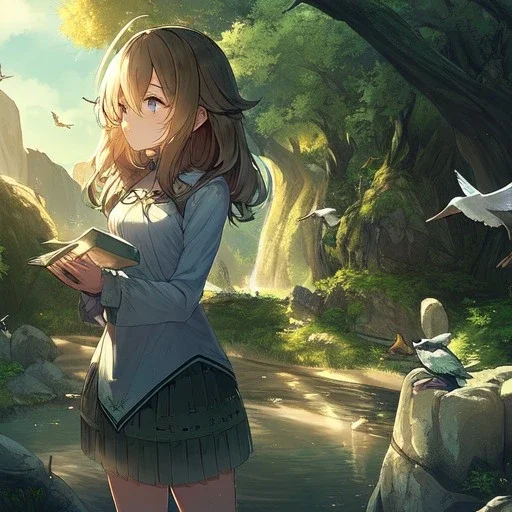 anime girl is meditating, rock trees, birds, creek