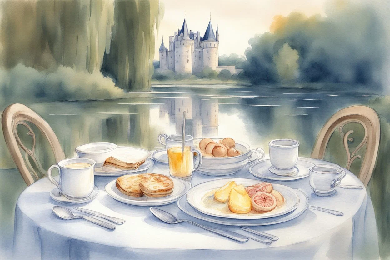 Brunch breakfast on an elegant table in the garden in the background, Castle on the Loire, lake, reflection, sunrise, Misty morning smooth intricate high definition beautiful lighting pencil sketch watercolor polished warm light