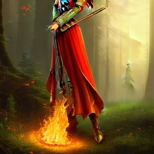 romantic fantasy spray painting, forest fire, portrait of elf