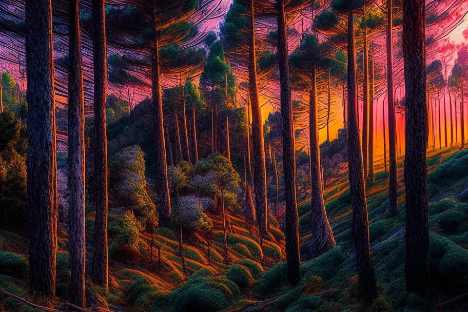 Into the woods casting cosmic colors and texture fill,pine trees,wooded forest of benguet mountain land scapes ethereal sunset lighting