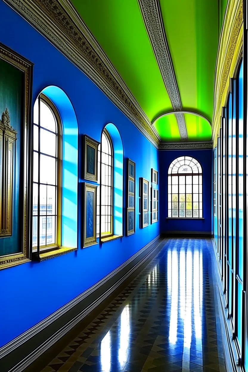 An exhibition of paintings whose side walls are in the shape of an oval and made of blue glass and its floor is light with a wall in the middle of the hall to divide it into two parts with a corridor at the beginning and end of the wall and the paintings displayed are old and historical with a window at the end