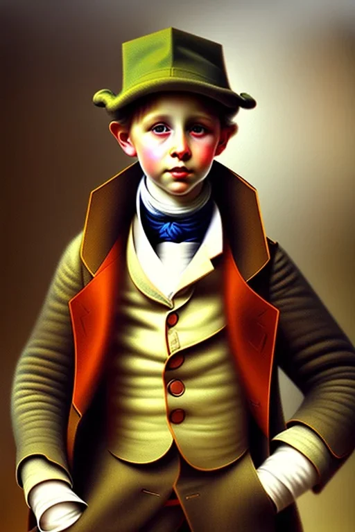 photorealistic oil painting of oliver twist, 1800s clothes, atmospheric lighting from street lamp, foggy morning