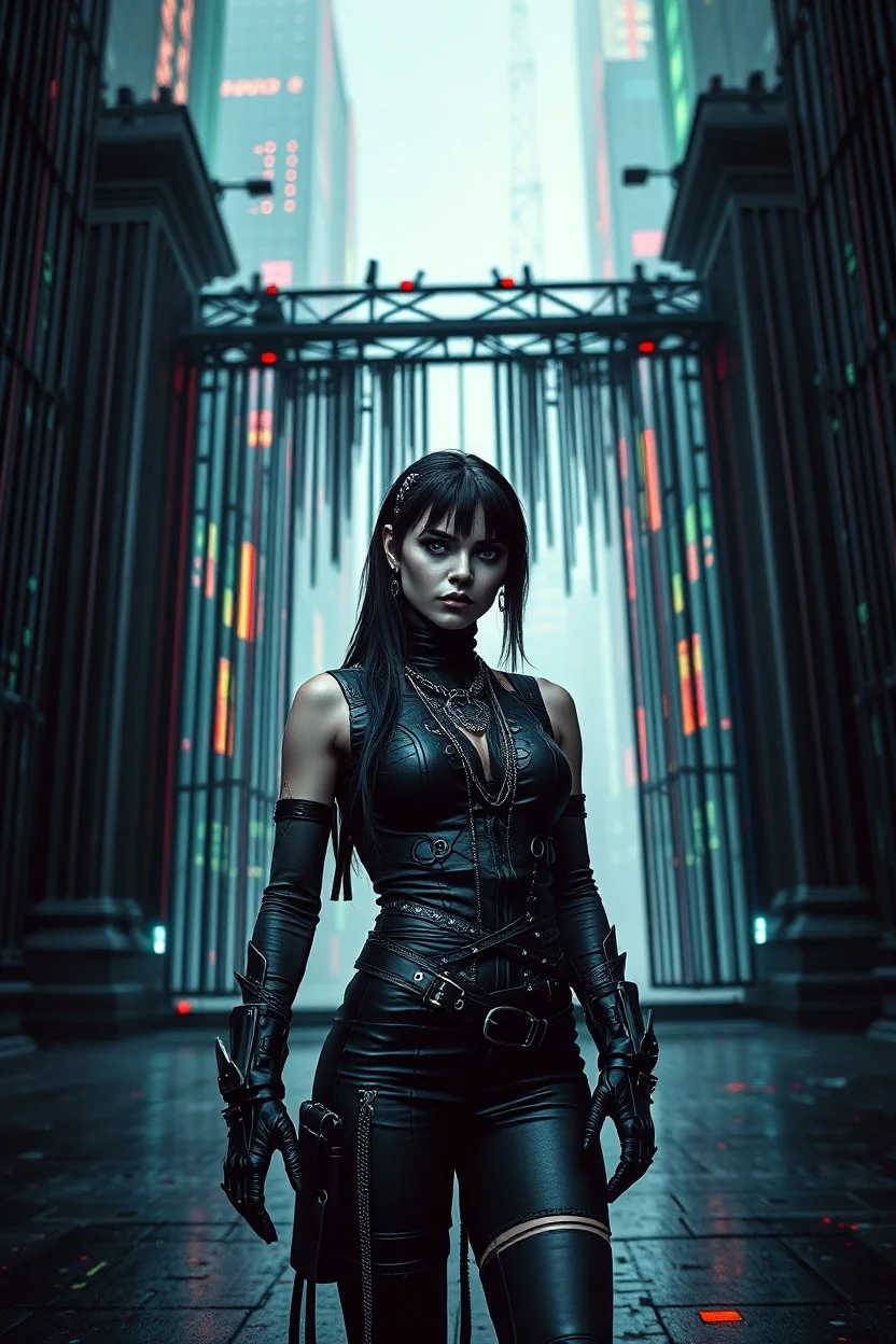 cyber-goth warrior woman in black makeup, black cyber-goth clothes with matrix style stand by big gate, utopistic scifi, dark colors, fashion, random matrix city background, high detailed, high realistic