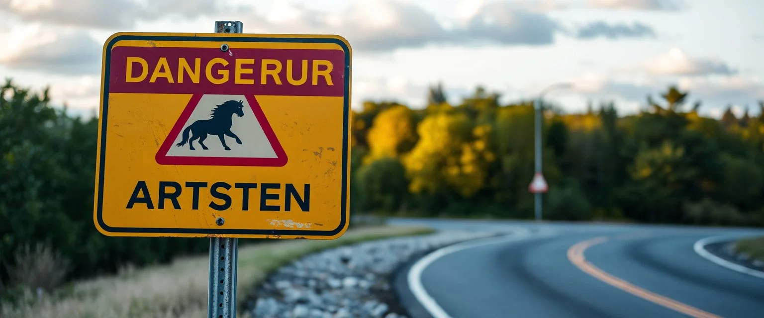 roadside sign warning about dangerous artwork in the road