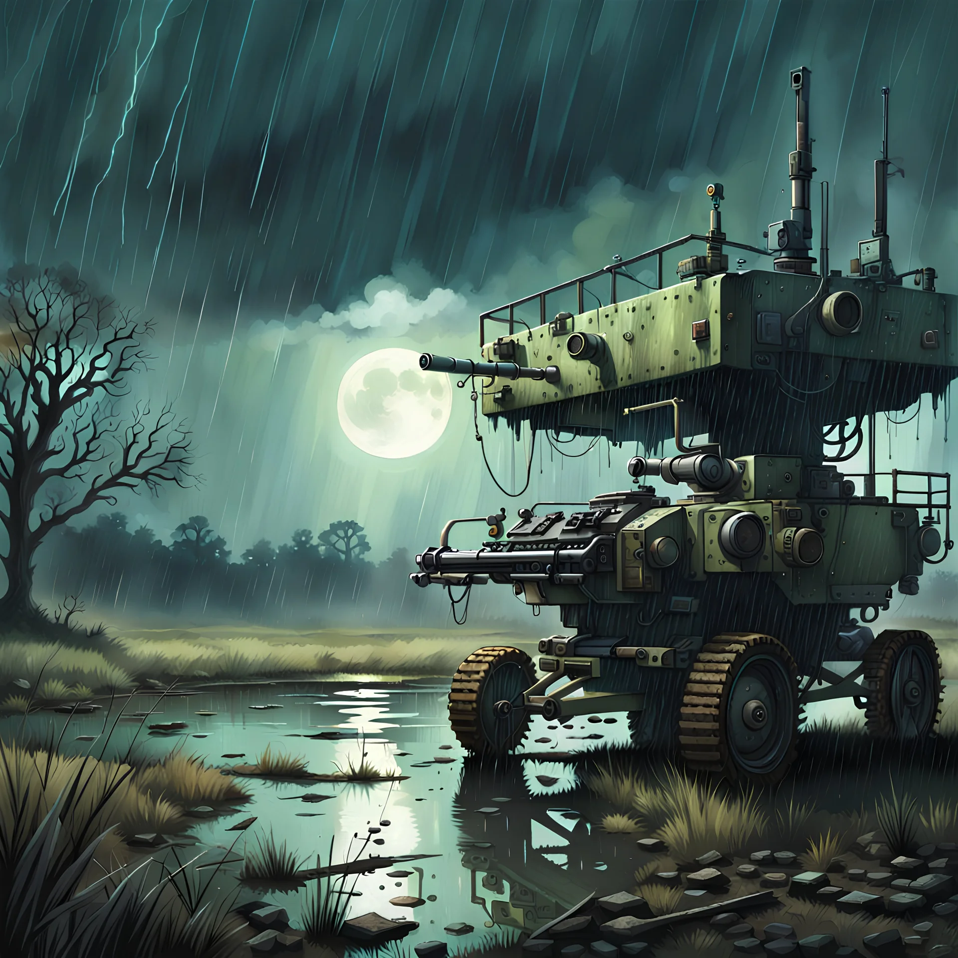 post-apocalyptic machine gun turrets, outside, rain, moonlight