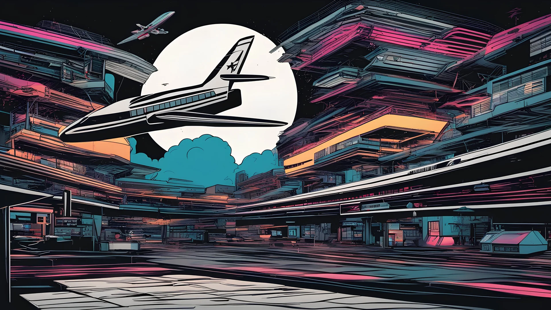 paperplane airport, comic style, negative space, intricate details, neon colors and deep black background, 4K, very high contrast, chiaroscuro