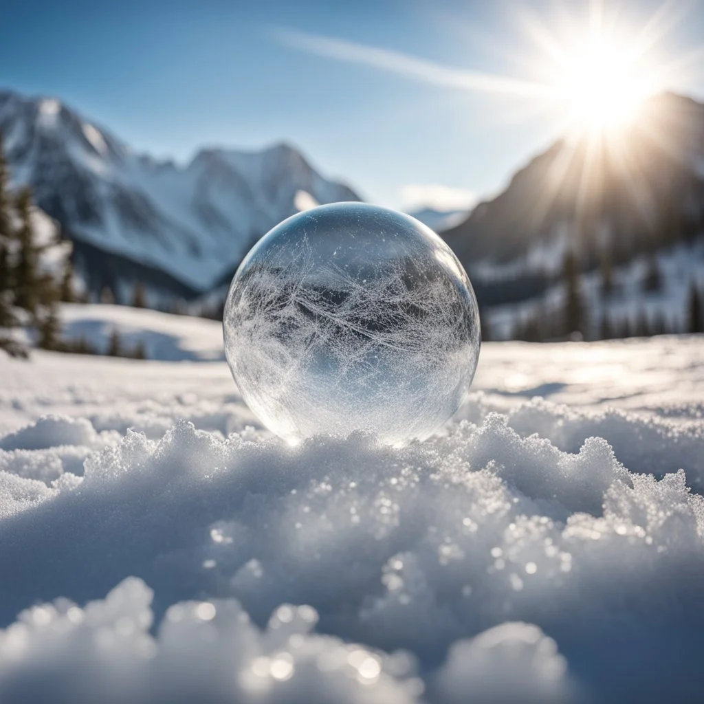 Frozen bubble in front of a snowy mountain landscape, the bubble has wonderful icecrystals and the sun is shining, frozen, cold outside, beautiful small ice flowers in front of the bubble