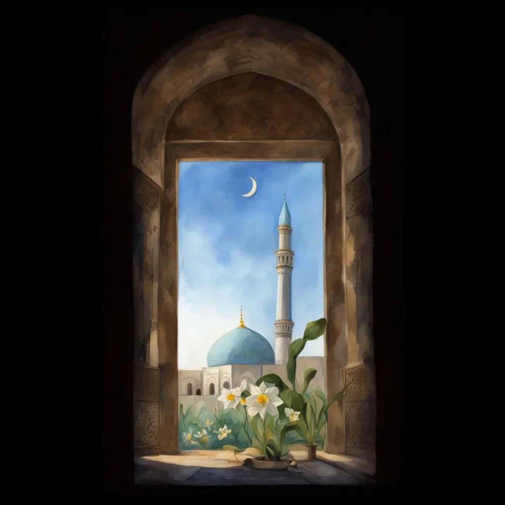 jamkaran mosque in Iran has more blue green color and gold for pattern islamic in the dome . one big domes with beautiful lighting . white Daffodil flower in the floor , clouds with small birds in sky with crescent moon of ramdan . painting watercolor ,simple and islamic style , Painting watercolor