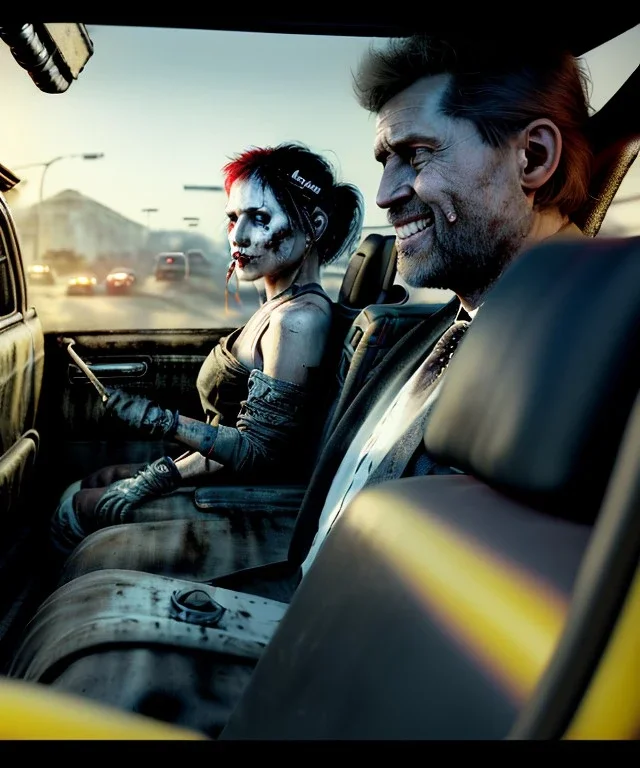 Ultra realistic back seat of limousine image, wide angle view, homeless men and woman, mad max style, grunge clothing, hair, many jelly beans, balls, smoke, smile, happy, extreme, soft color, highly detailed, unreal engine 5, ray tracing, RTX, lumen lighting, ultra detail, volumetric lighting, 3d, finely drawn, high definition, high resolution.