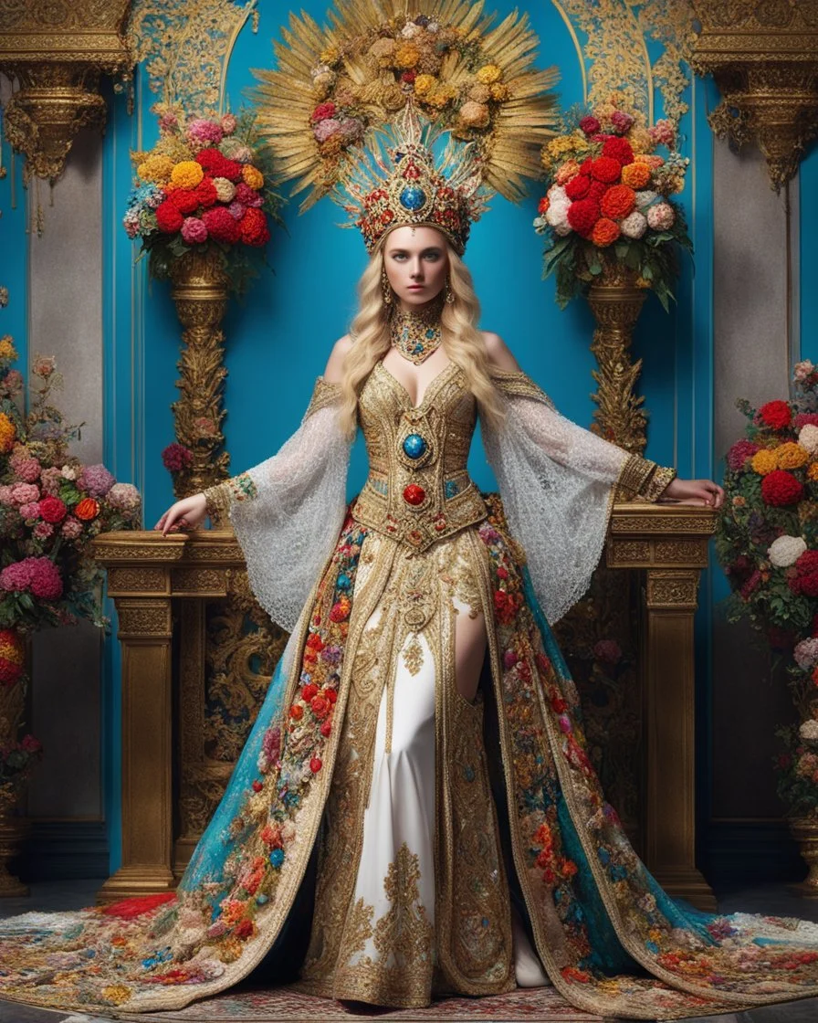 full length image a distance dystopian angle fullbody a beautiful European blond girl pretty super model adorned with an elaborate and colorful headpiece made of flowers and jewels, wearing a vibrant and detailed victory outfit that includes intricate patterns and sparkling embellishments. The attire should reflect a rich russia empire, with attention to the fine jewelry that complements the ensemble,sweet pose sitting the throne queen in room luxurious royal palace background