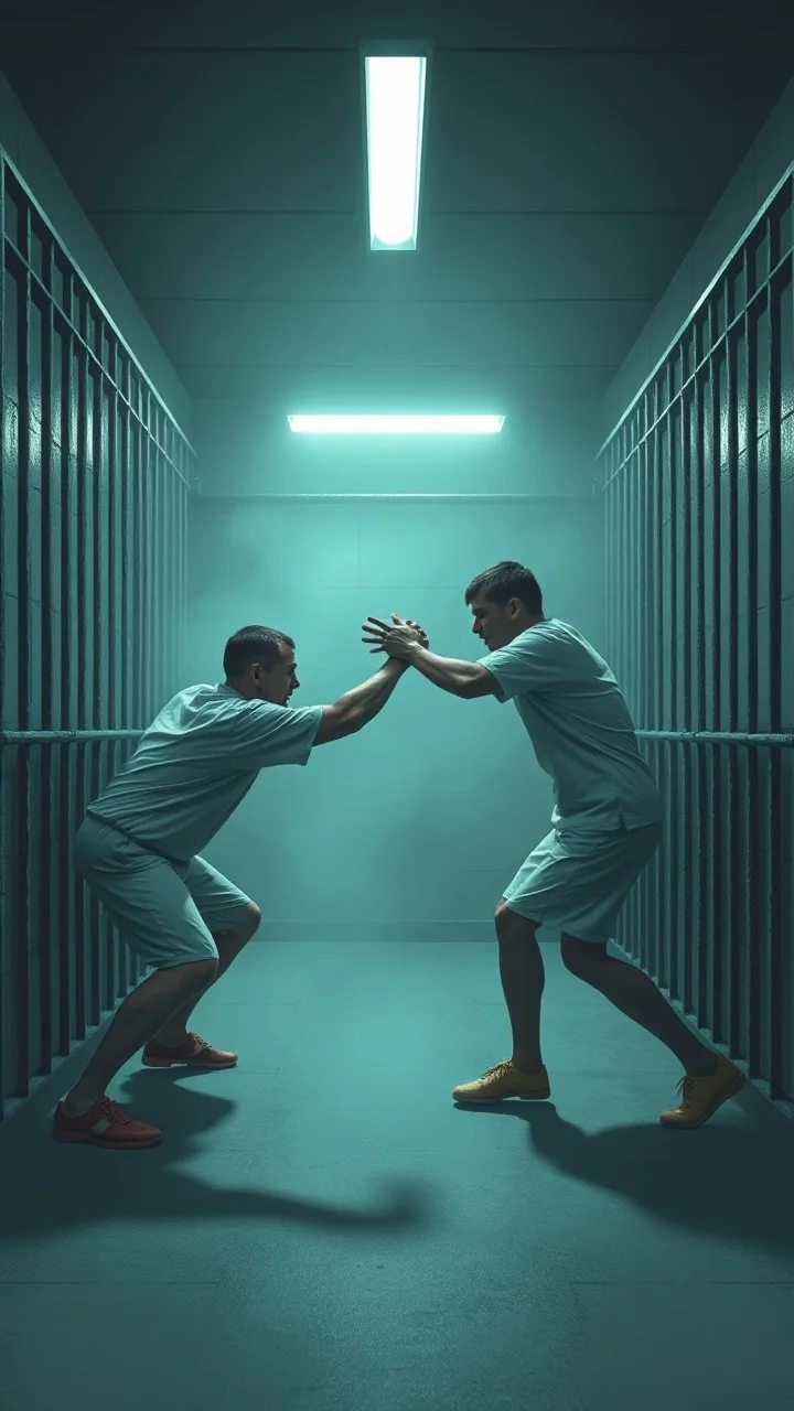 A prison cell with two prisoners fighting with each other