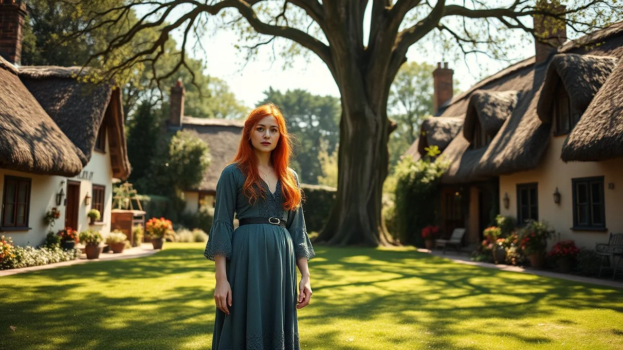 A red-haired, witchy woman standing in the centre of a village green, surrounded by thatched cottages, standing under a large tree. Bright, sunny day.