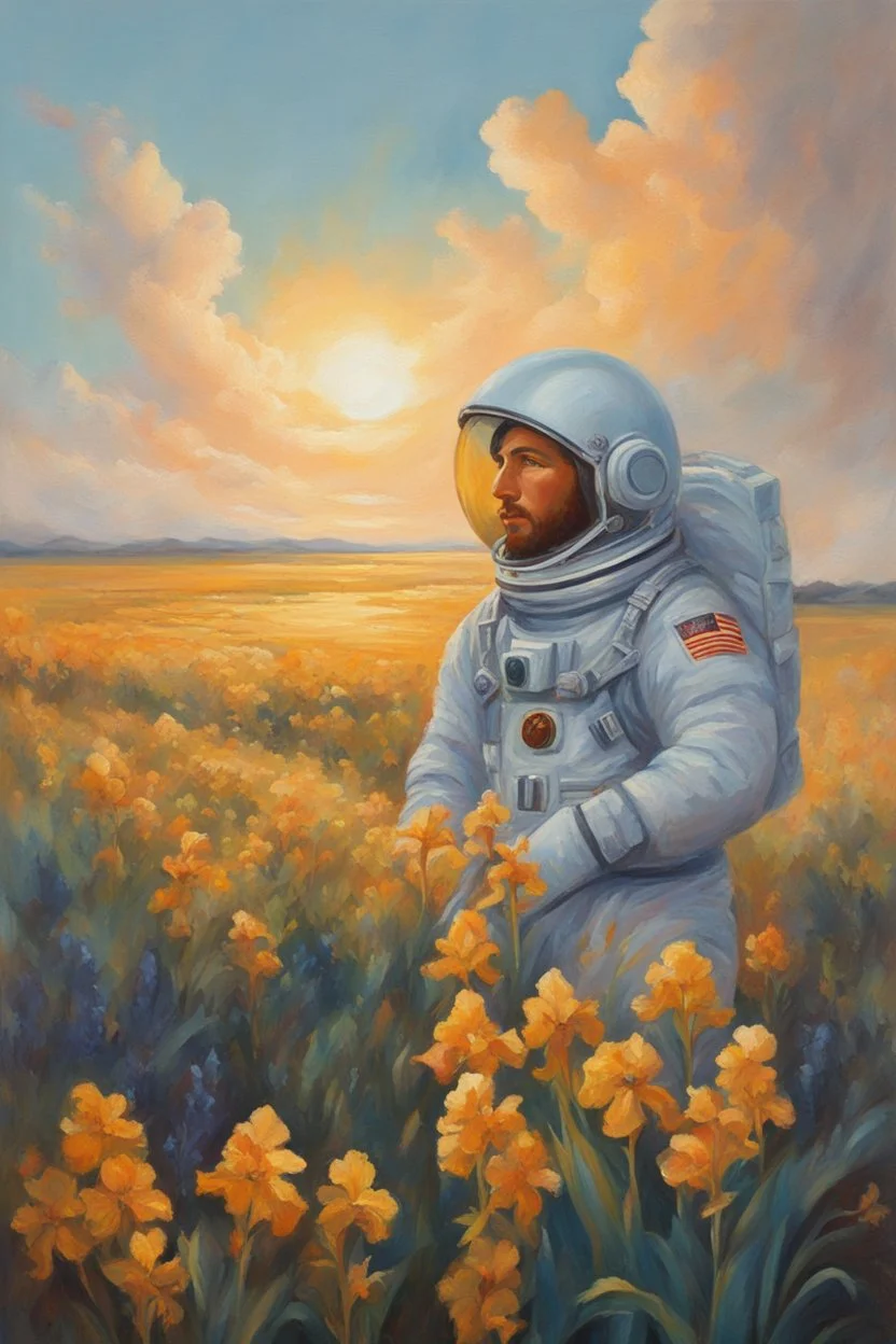 stunning painting of a soviet cosmonaut with ginger hair, iris field, epic clouds, ((painterly)), ((impressionist)), vibrant, soft edges, golden glow