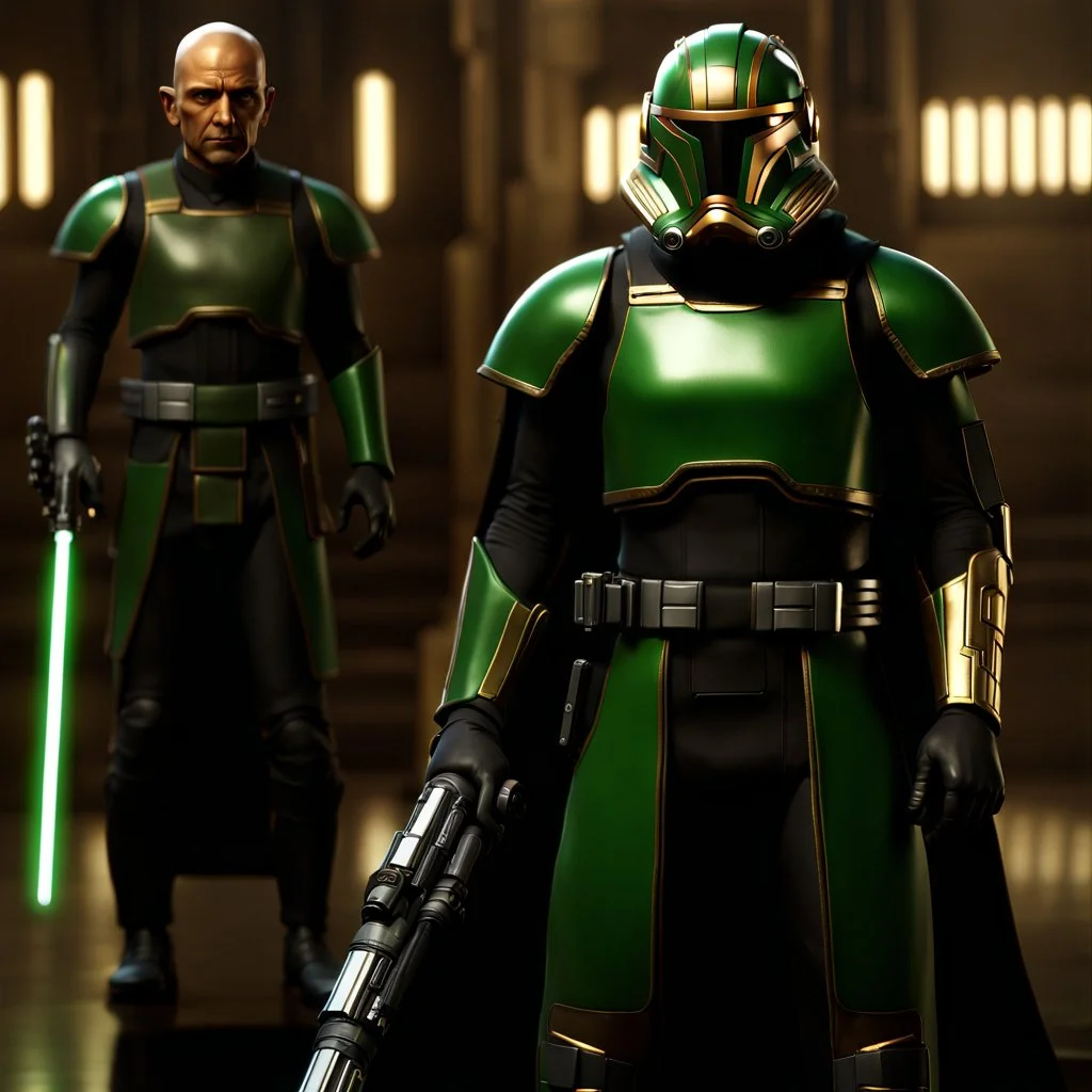 star wars bald male corellian jedi pilot wearing black and olive drab old republic armored flightsuit with gold trim inside the jedi temple holding a lightsaber with viridian green blade in left hand, centered head and shoulders portrait, hyperdetailed, dynamic lighting, hyperdetailed background, 8k resolution, volumetric lighting, light skin, fully symmetric details