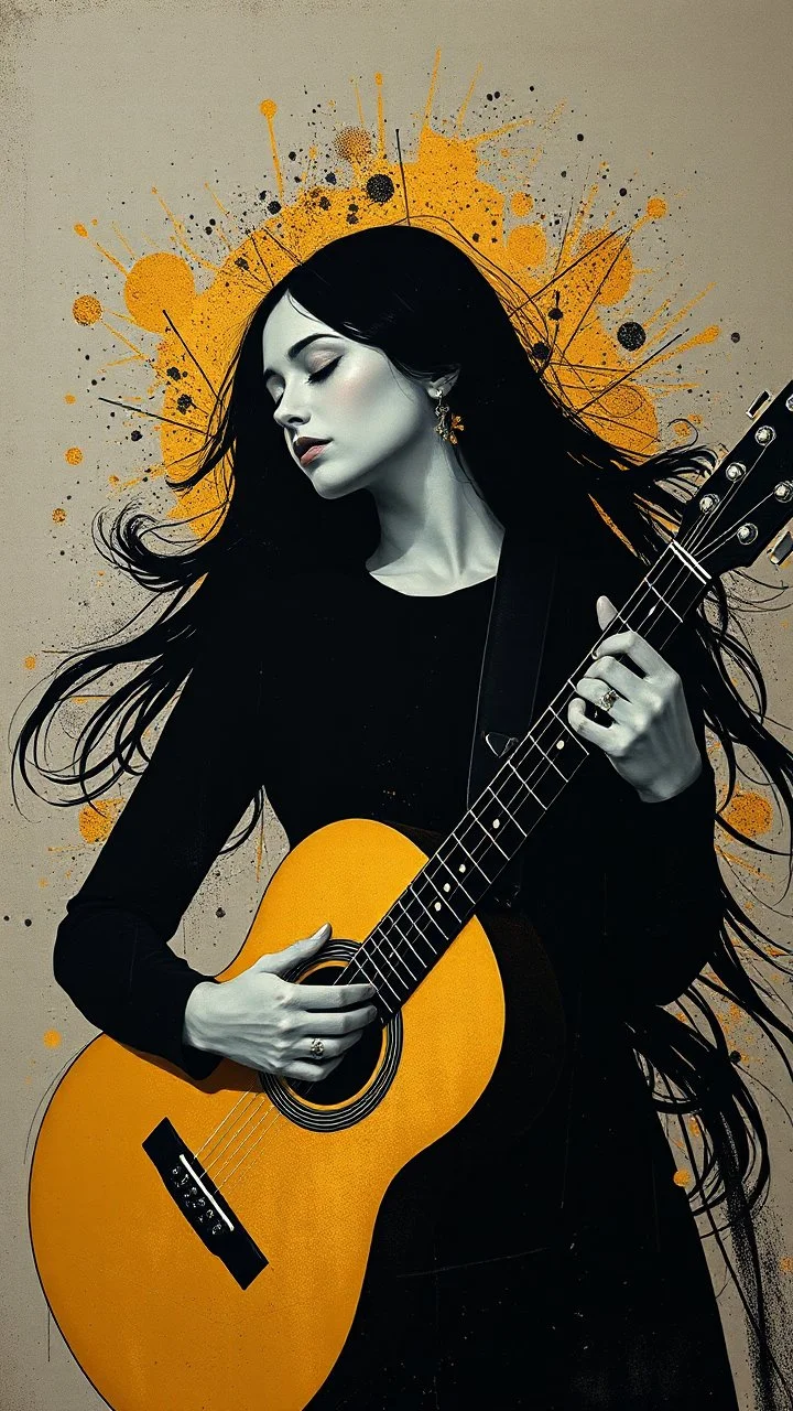 minimalism,Abstract black and gold minimalism geometric surreal beautiful fashion portrait playing the guitar ,splash art explosion,minimalist surreal surrounding background,surreal lonely depth,deep soul spirit,fantasy surreal geometry,flat,utopia,album art,cover art,album cover,cinematic,8k,epic movie still,sharp focus,by Gustav Klimt,pascal blanche,rutkowski,repin,artstation hyperrealism painting concept art of detailed character,design matte painting,leaf, Busch painting style