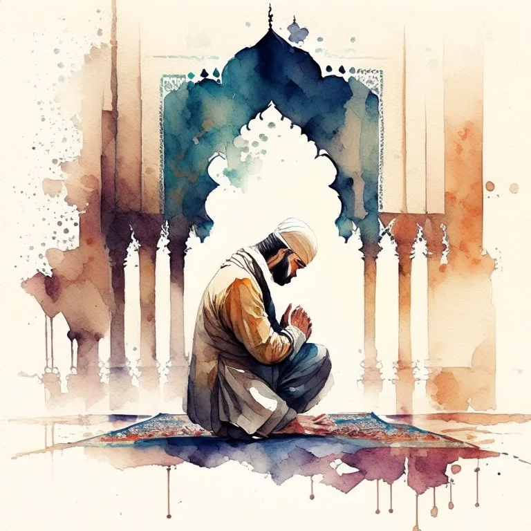 A man is praying namaz, background of islamic pattern, watercolour painting