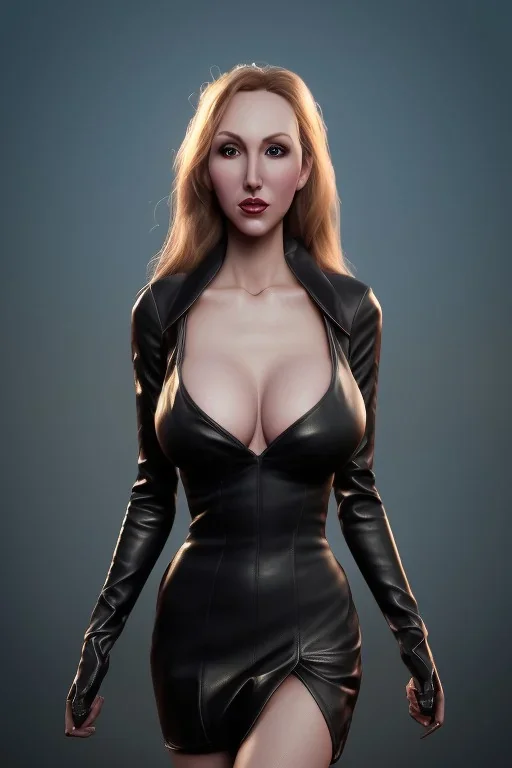 Brandi Love in black leather gown, evil, busty, cleavage, curvy, angry, happy, stern look. character design by cory loftis, fenghua zhong, ryohei hase, ismail inceoglu and ruan jia. unreal engine 5, artistic lighting, highly detailed, photorealistic, fantasy