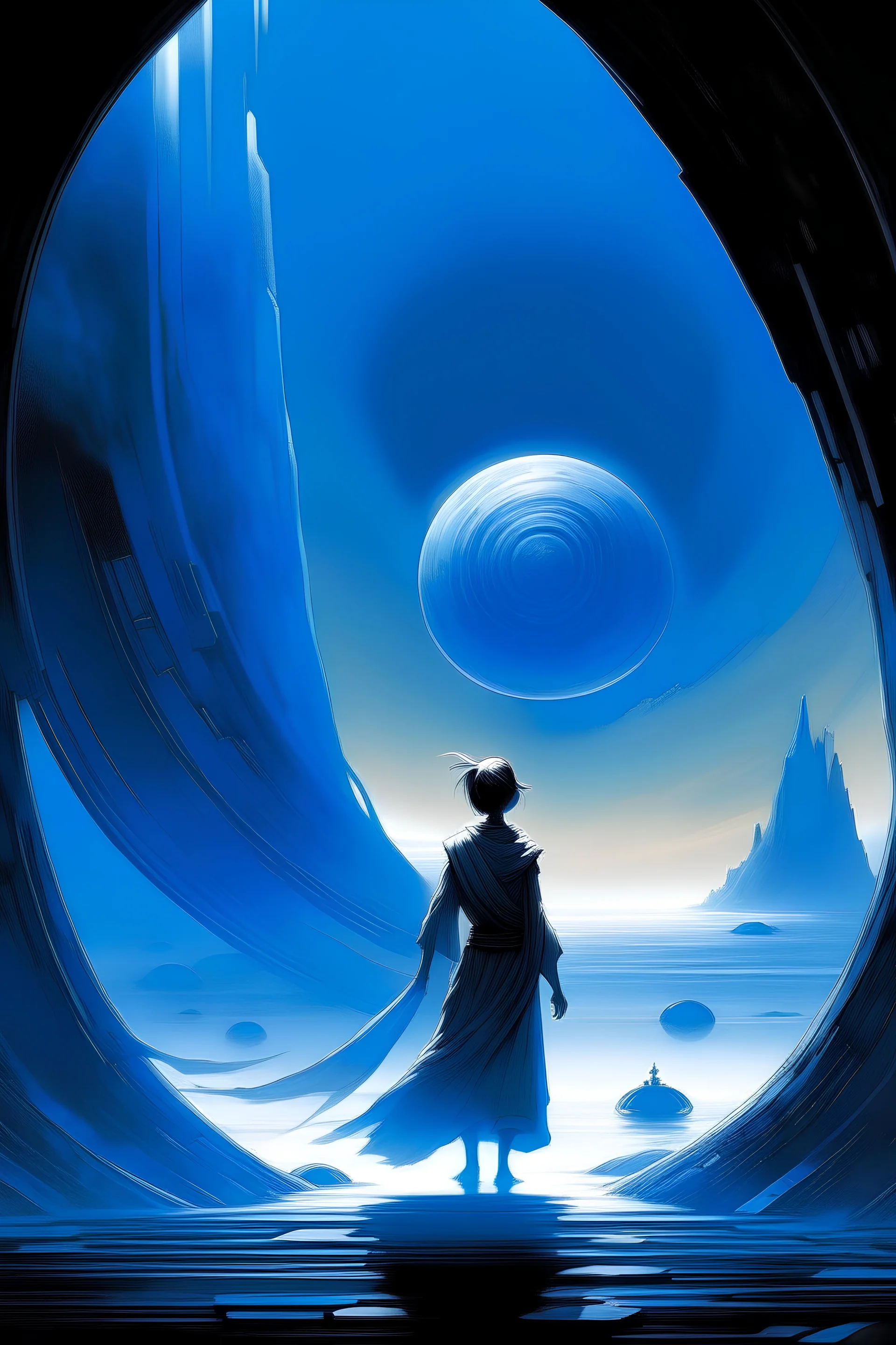 The star wars entity Aboloth descending towards a distent planet, a swirling blue portal behind her