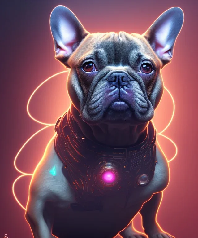 ! dream symmetry!! portrait of a french bulldog, sci - fi, tech wear, glowing lights!! intricate, elegant, highly detailed, digital painting, artstation, concept art, smooth, sharp focus, illustration, art by artgerm and greg rutkowski and alphonse mucha