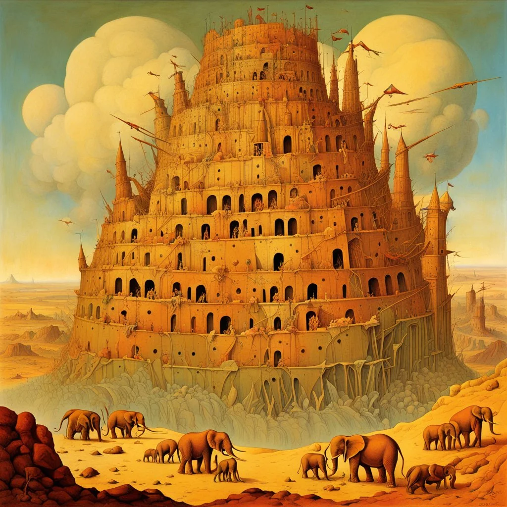 Mystics building the tower of Babel, Elephants with long legs used as scaffolds, expansive art, surreal art, by Yves Tanguy, colorful, cel-shading, Progressive Rock album cover art graphics by George Hardie.