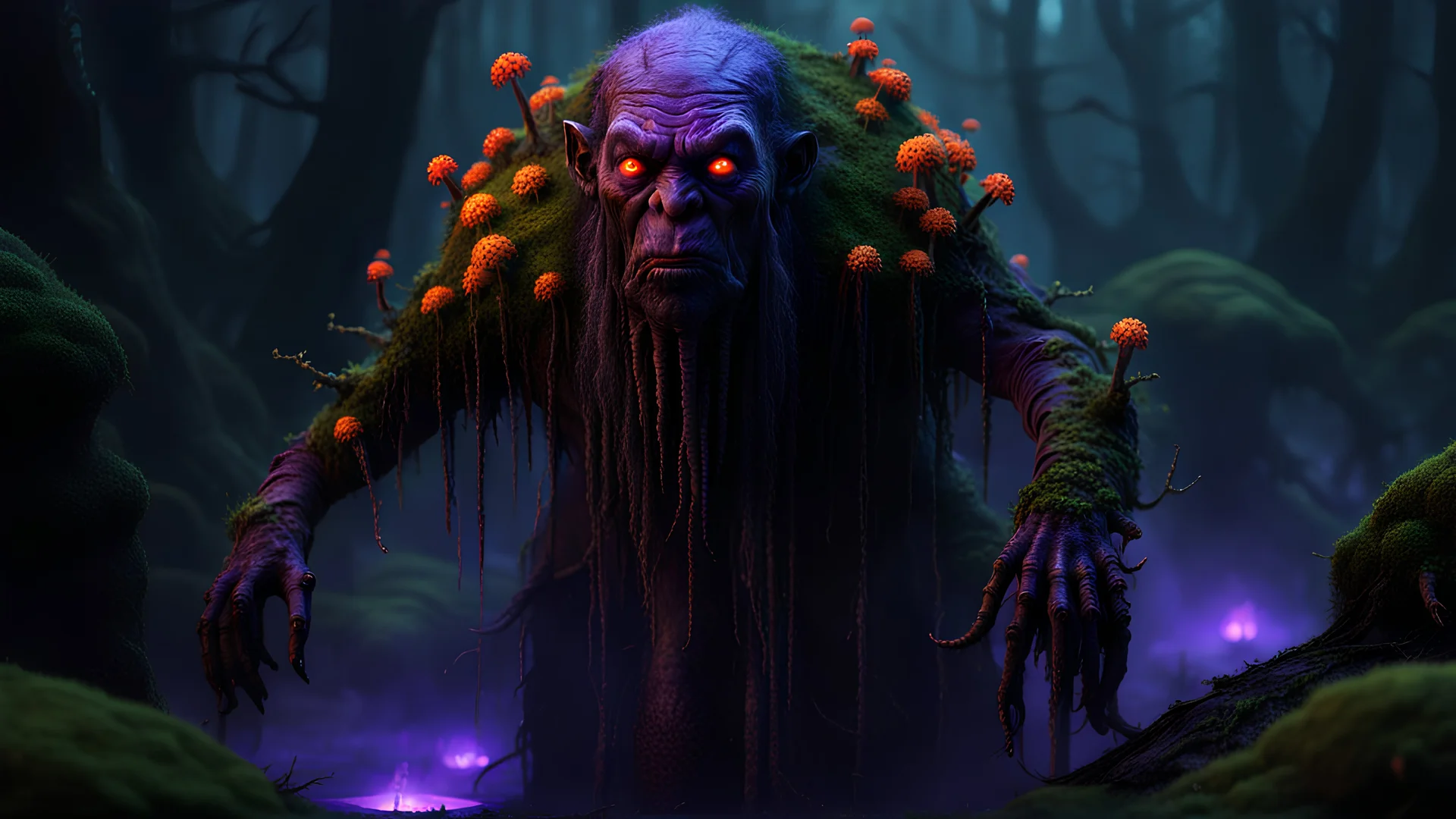 A complex 3d render of an evil, Swamp Creature Shaman decorated in phosphorescent moss, tiny purple mushrooms, and tiny orange flowers. The art style of The Walking Dead Show, horror Gustave Doré and Greg Rutkowski. Atmospheric, wet, 4k, sharp focus.