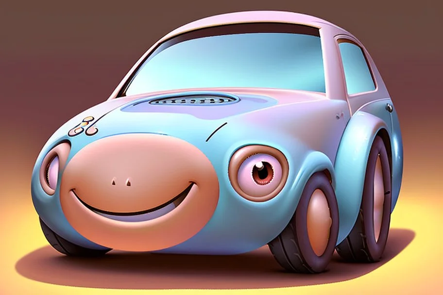 whimsical cartoon car with big eyes and a friendly smile, accompanied by various mechanical parts that form the shape of the car. The cartoon car should have a round body and a pair of big, round headlights that look like eyes. The eyes should be friendly and cute, with thick lashes and a bright sparkle. The car should also have a wide grille that forms a smile, with a row of teeth made of tiny nuts and bolts. The smile should be slightly crooked.